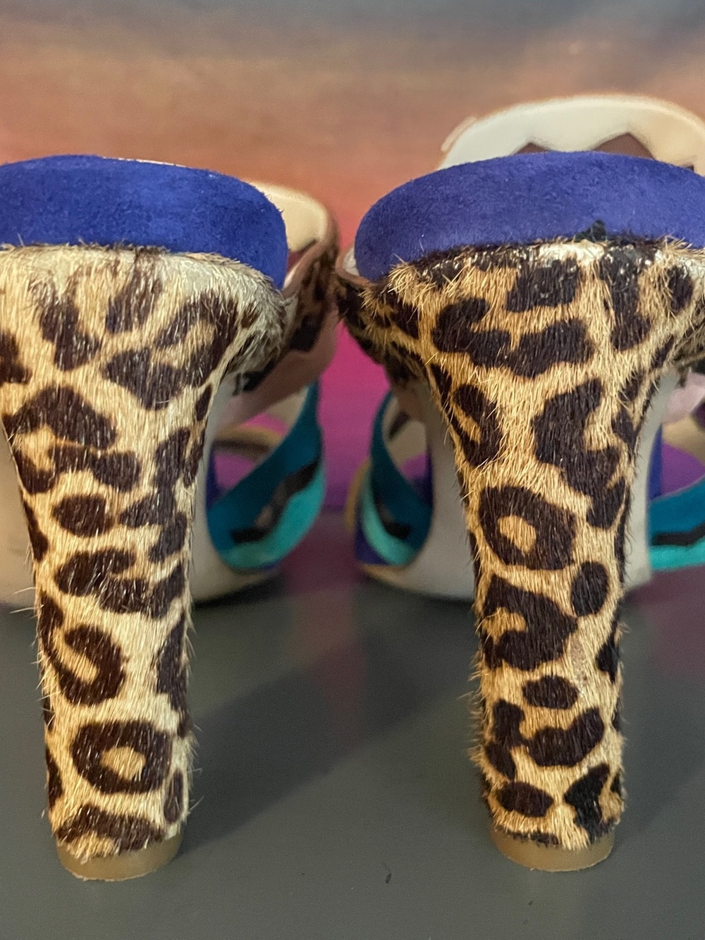 Cole Haan Amelia Haircalf Leopard Multicolor Suede Block High Heel Sandals 6B - Picture 4 of 12
